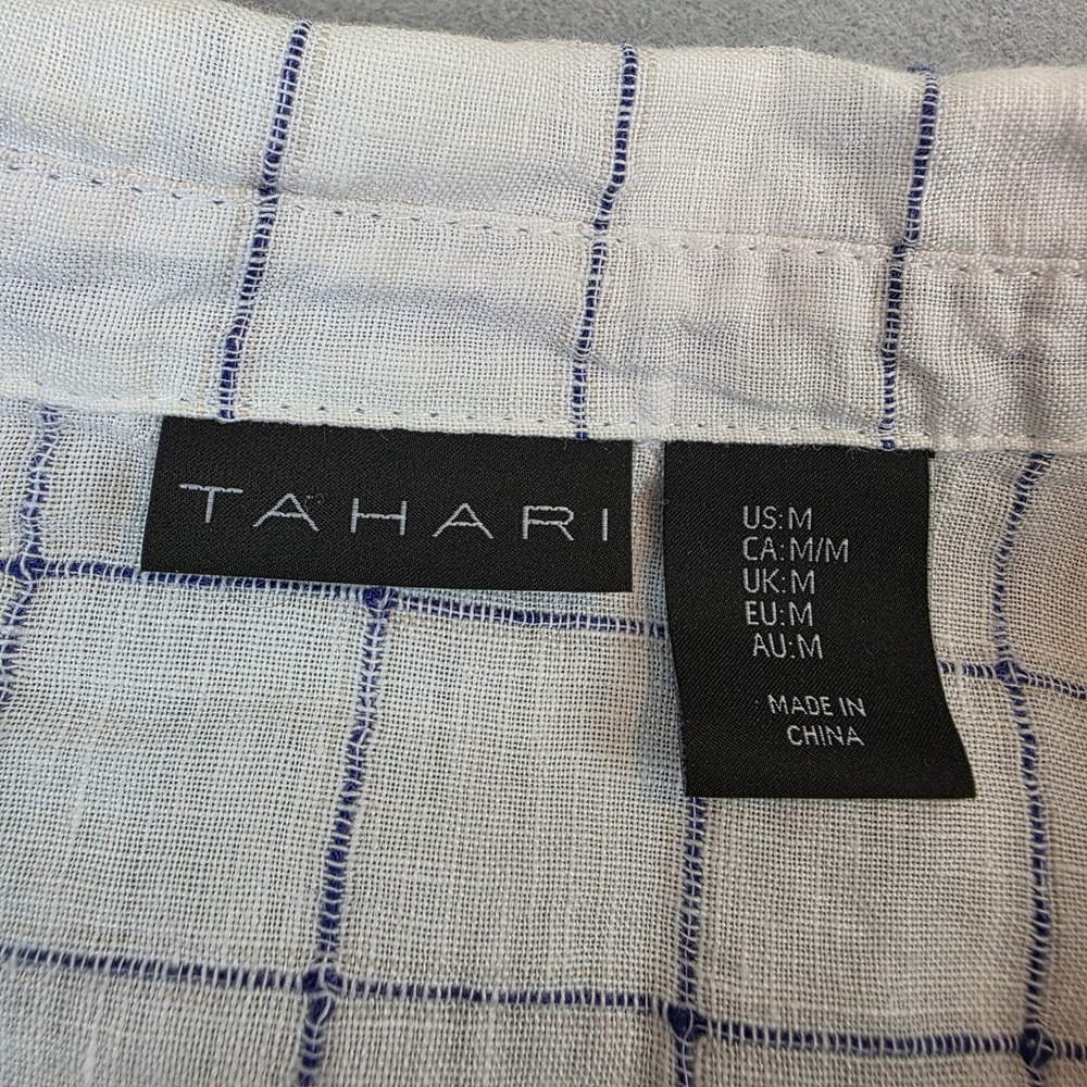 Tahari Womens Medium 100% Linen Windowpane Plaid Short Sleeve Breezy Beach Shirt - Picture 3 of 10